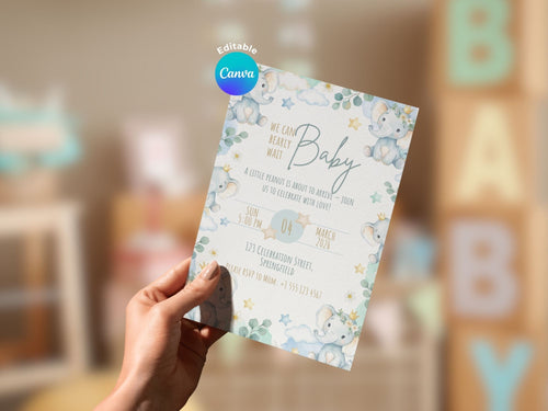 Baby Elephant Shower Invitation – Watercolor Plane Theme – Editable Canva Template – Share or Printable 5x7 – Instant Download