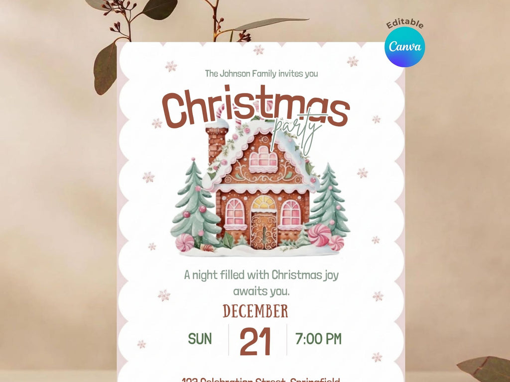 Christmas Joy Party Invitation – Editable Canva Template – Share or Printable 5x7 – Instant Download