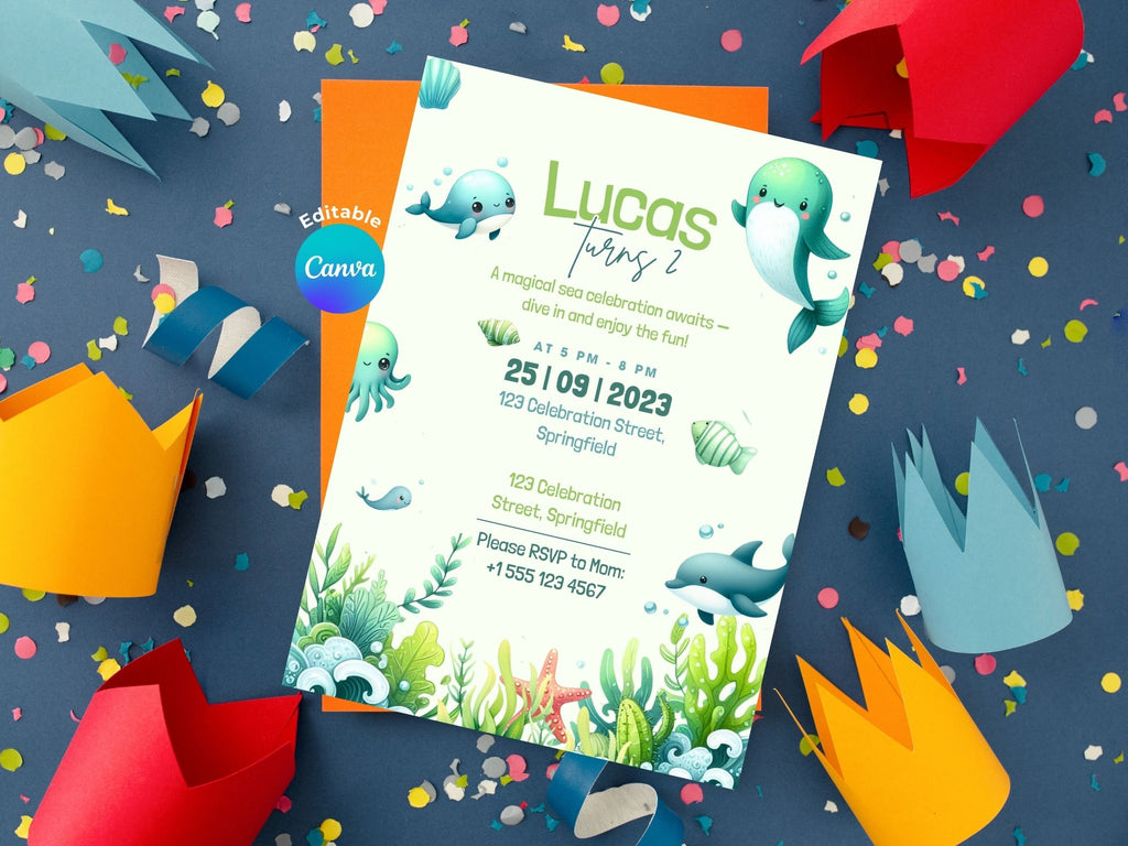 Green Ocean Watercolor Invitation – Editable Canva Template – Share or Printable 5x7 – Instant Download