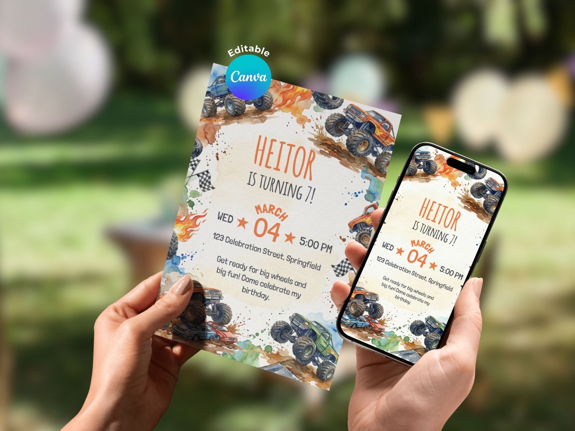 Monster Truck Birthday Invitation – Editable Canva Template – Share or Printable 5x7 – Instant Download