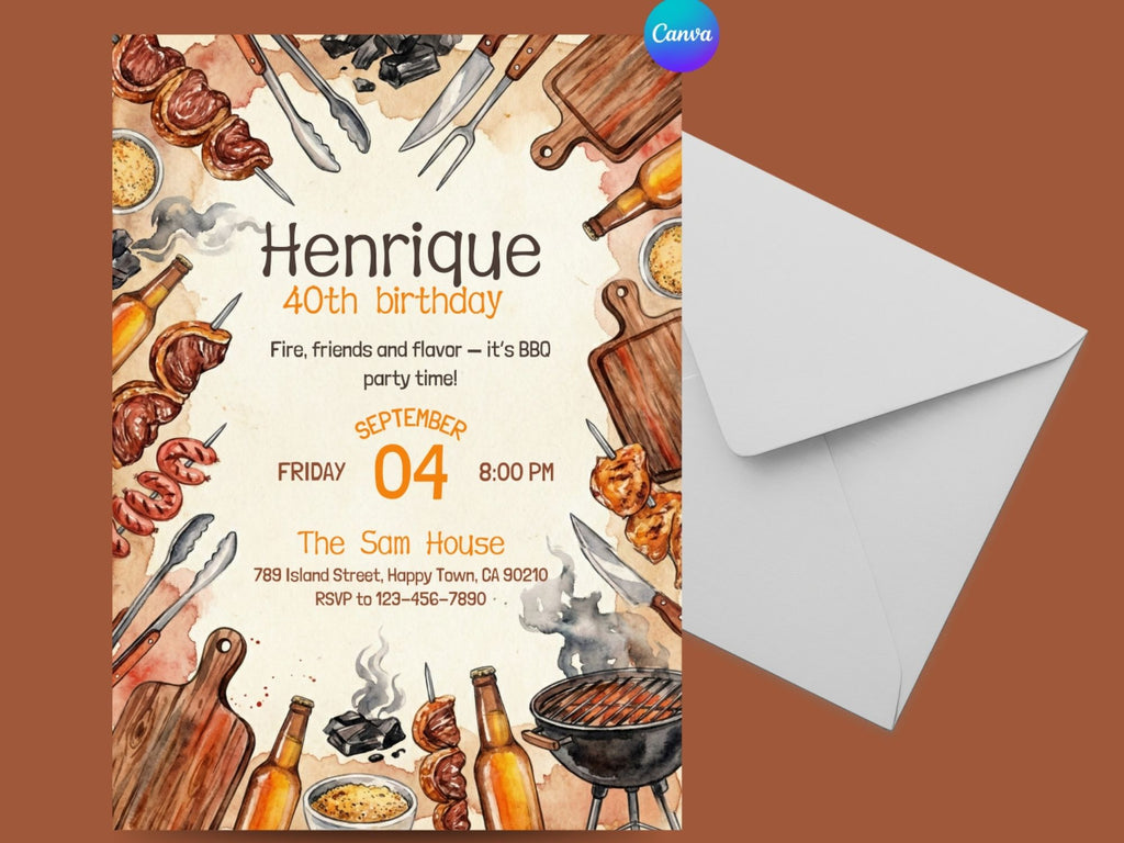 BBQ Watercolor Invitation – Editable Canva Template – Share or Printable 5x7 – Instant Download