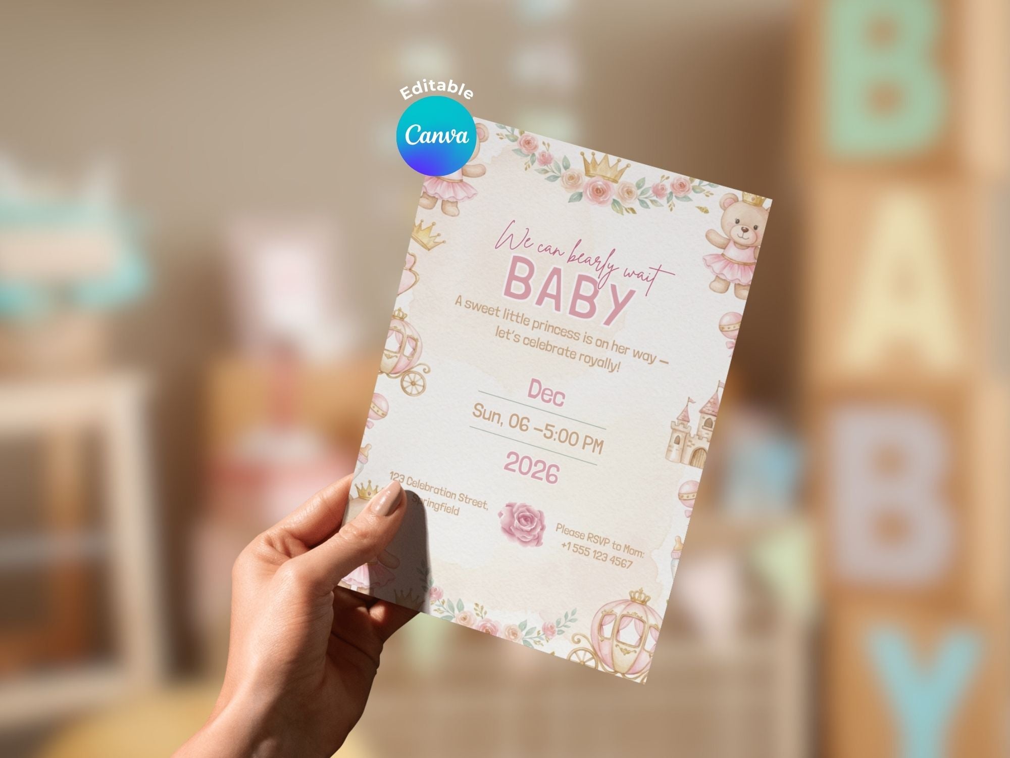 Pink Royal Teddy Baby Shower Invitation – Watercolor Plane Theme – Editable Canva Template – Share or Printable 5x7 – Instant Download