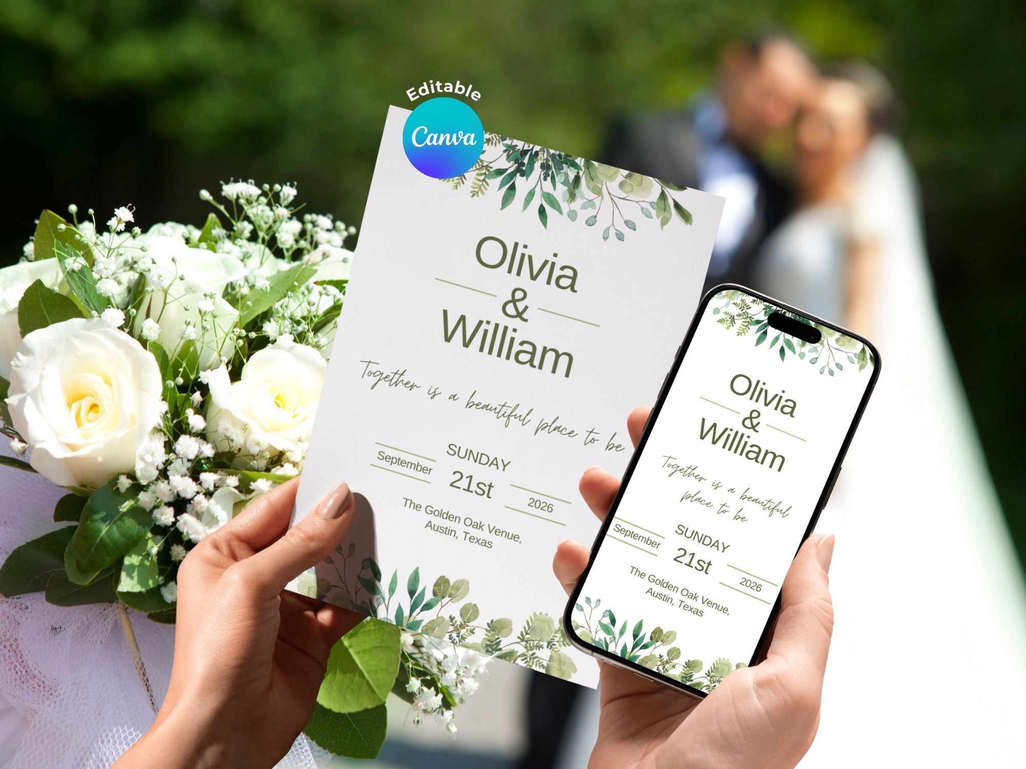 Timeless Bloom Wedding Invitation – Editable Canva Template – Share or Printable 5x7 – Instant Download