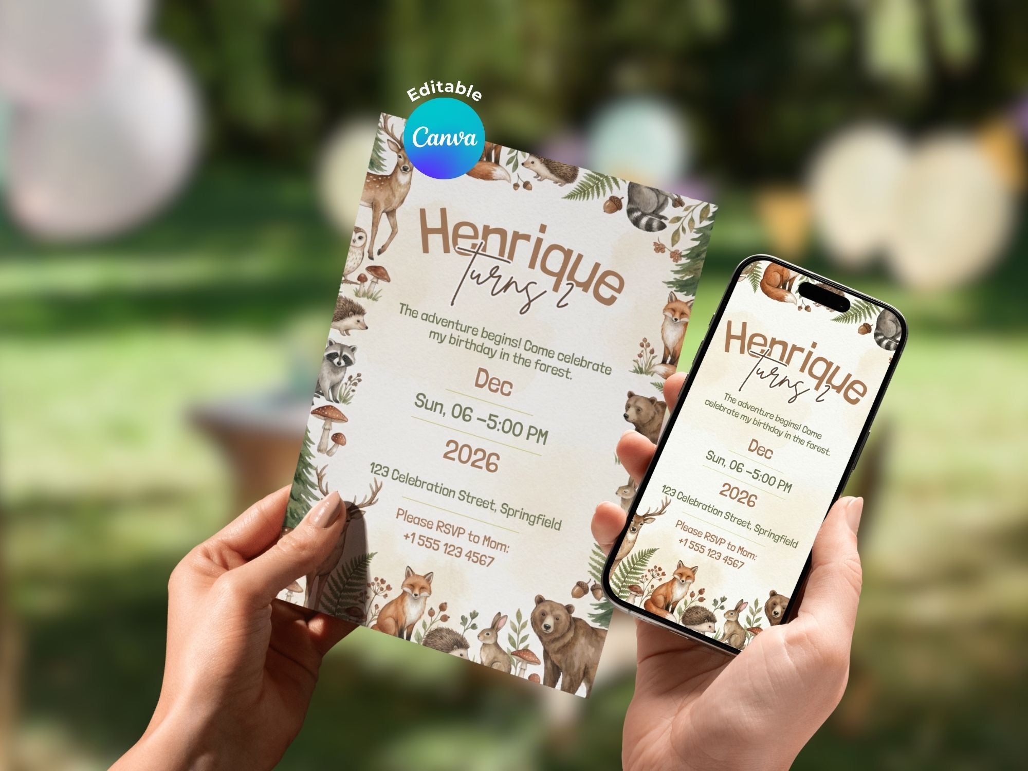 Forest Birthday Invitation – Editable Canva Template – Share or Printable 5x7 – Instant Download