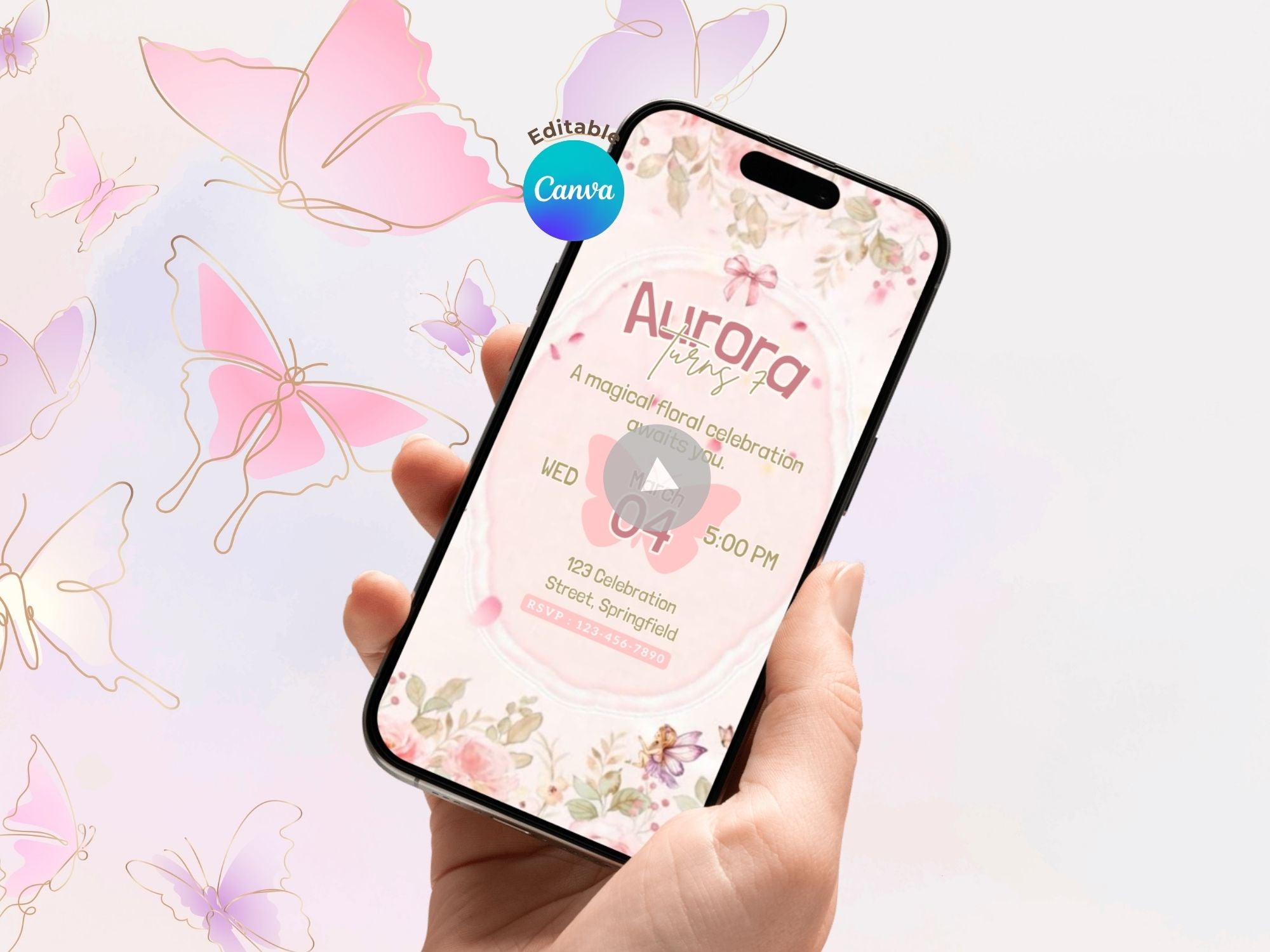 Enchanted Floral Birthday Invitation – Editable Canva Template – Share video mp4 – Instant Download