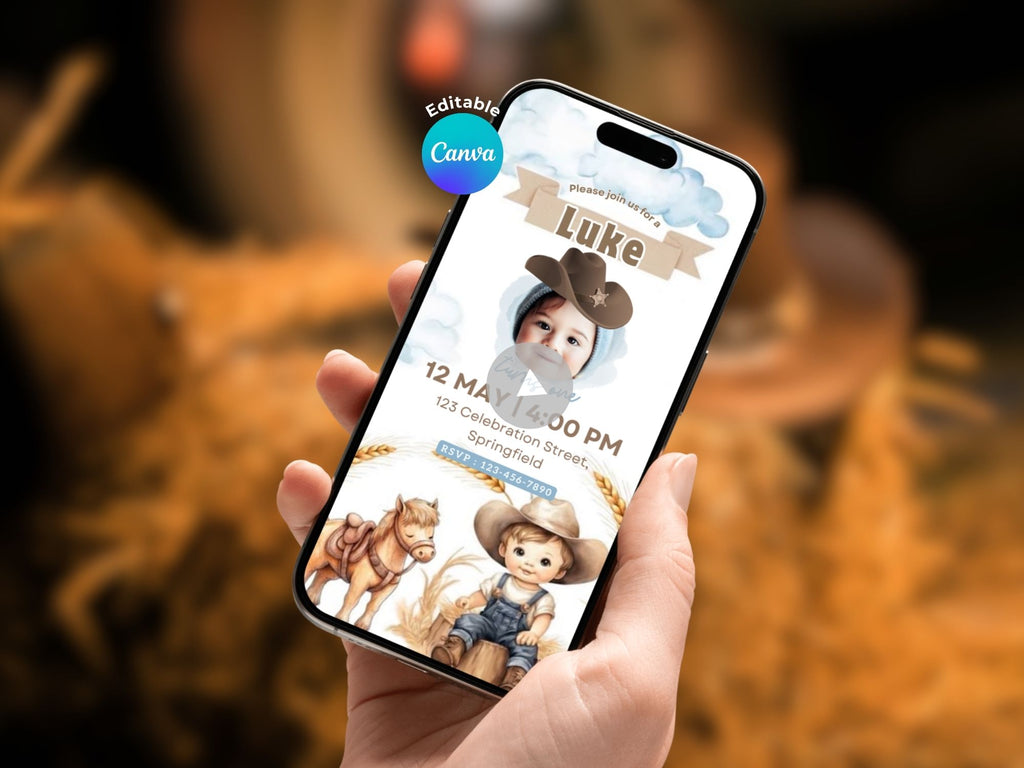 Baby Cowboy Birthday Invitation – Editable Canva Template – Share video mp4 – Instant Download