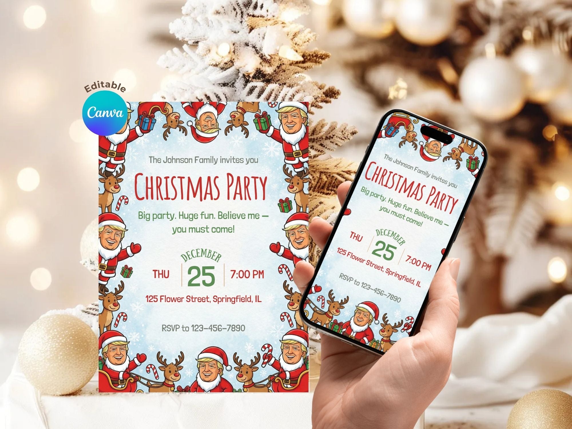 Funnyn Trump Christmas – Editable Canva Template – Share or Printable 5x7 – Instant Download