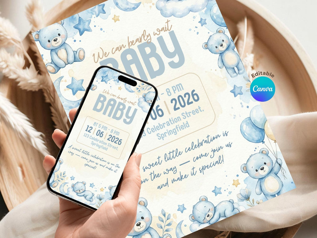 Blue Teddy Bear Invitation – Watercolor Plane Theme – Editable Canva Template – Share or Printable 5x7 – Instant Download