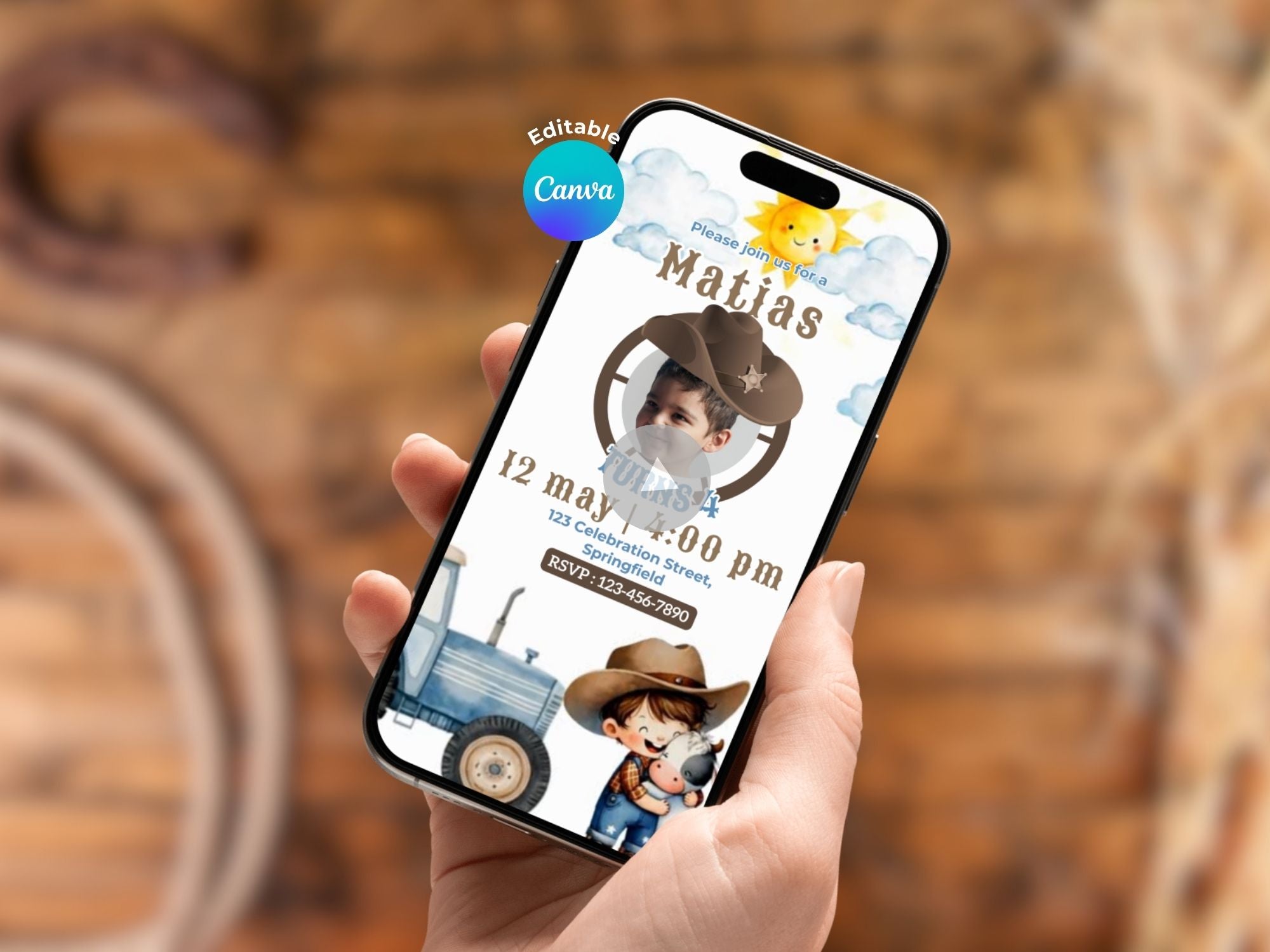 Farm Boy Birthday Video Invitation – Editable Canva Template – Share video mp4 – Instant Download
