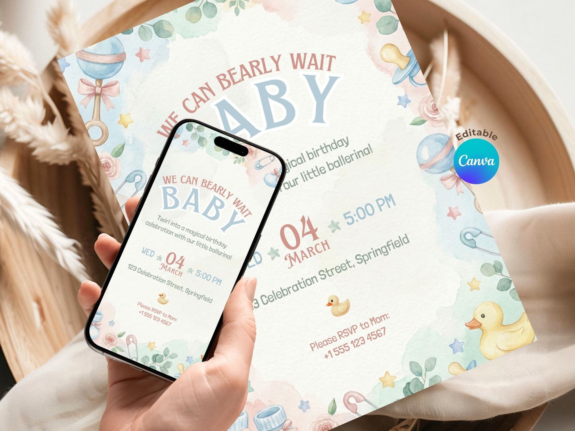 Duck Baby Shower Invitation – Watercolor Plane Theme – Editable Canva Template – Share or Printable 5x7 – Instant Download