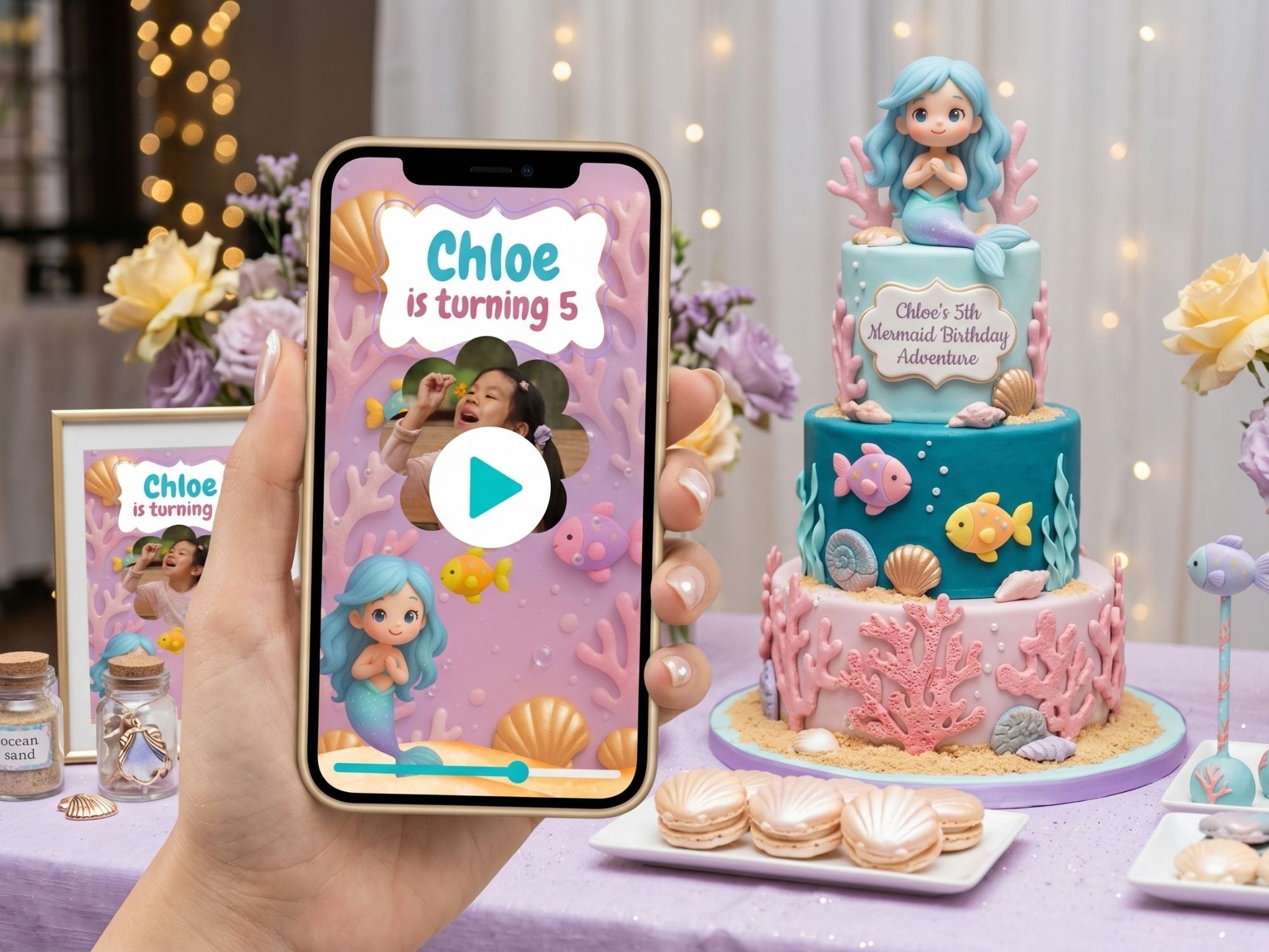 Blue Mermaid Birthday Video Invitation – Editable Canva Template – Share video mp4 – Instant Download