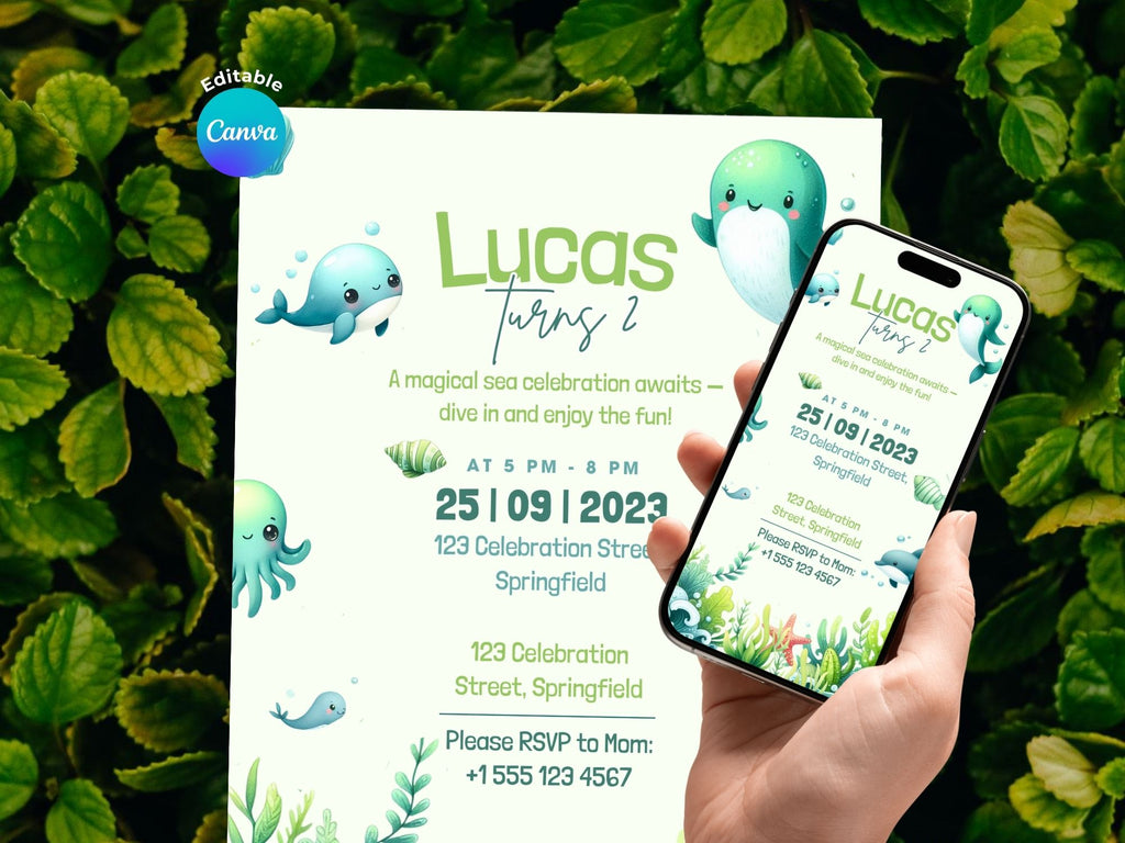 Green Ocean Watercolor Invitation – Editable Canva Template – Share or Printable 5x7 – Instant Download