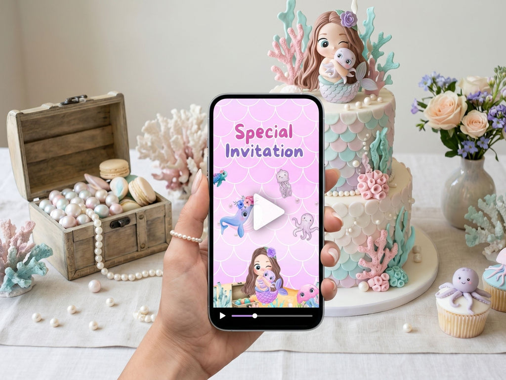 Purple Mermaid Birthday Video Invitation – Editable Canva Template – Share video mp4 – Instant Download