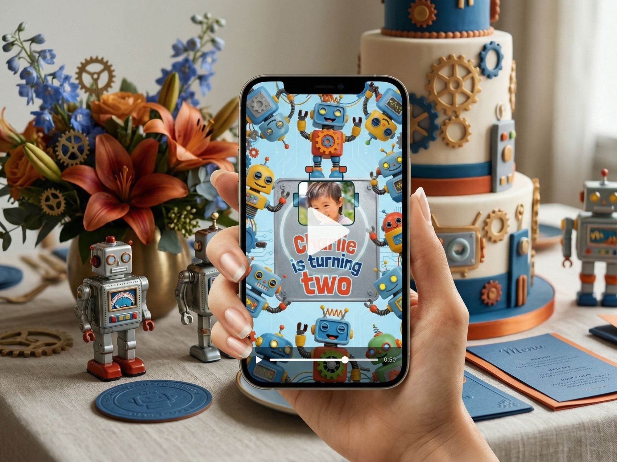 Animated Robot Birthday Video Invitation – Editable Canva Template – Share video mp4 – Instant Download