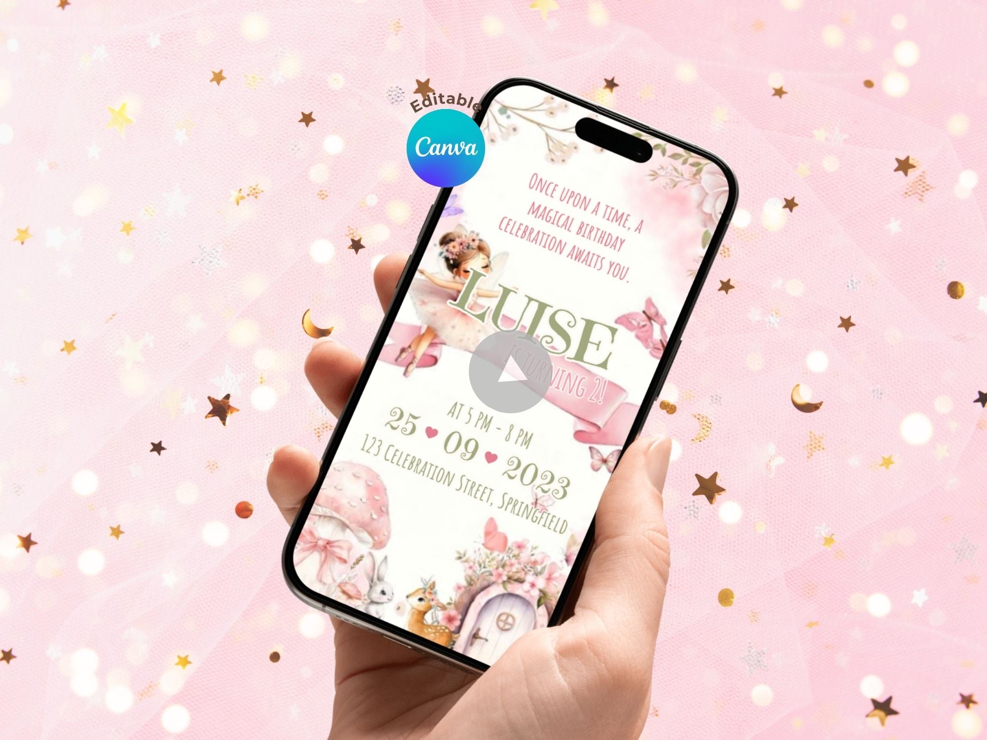 Fairy Tale Birthday Invitation – Editable Canva Template – Share video mp4 – Instant Download