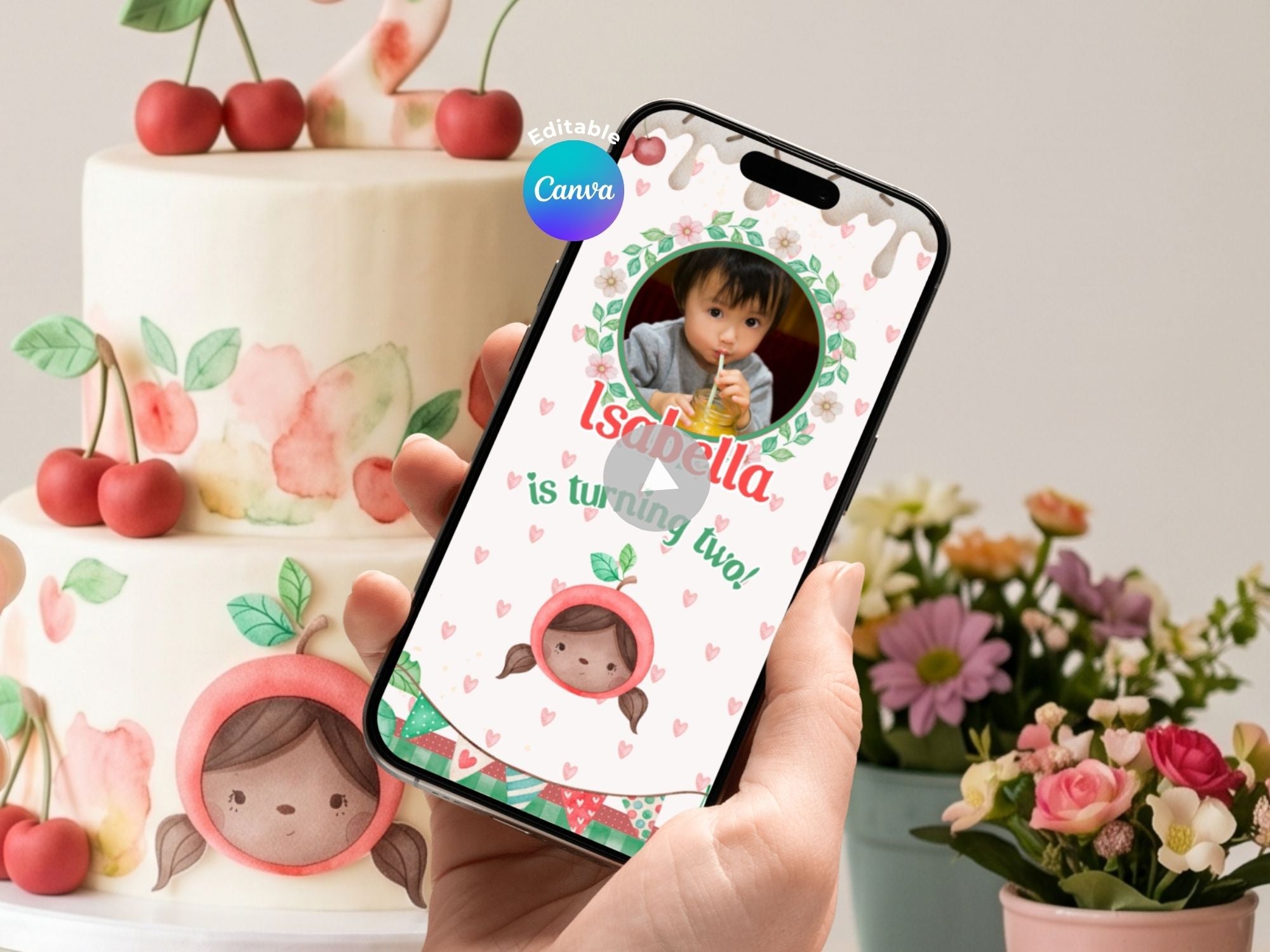 Cherry Birthday Video Invitation – Editable Canva Template – Share video mp4 – Instant Download