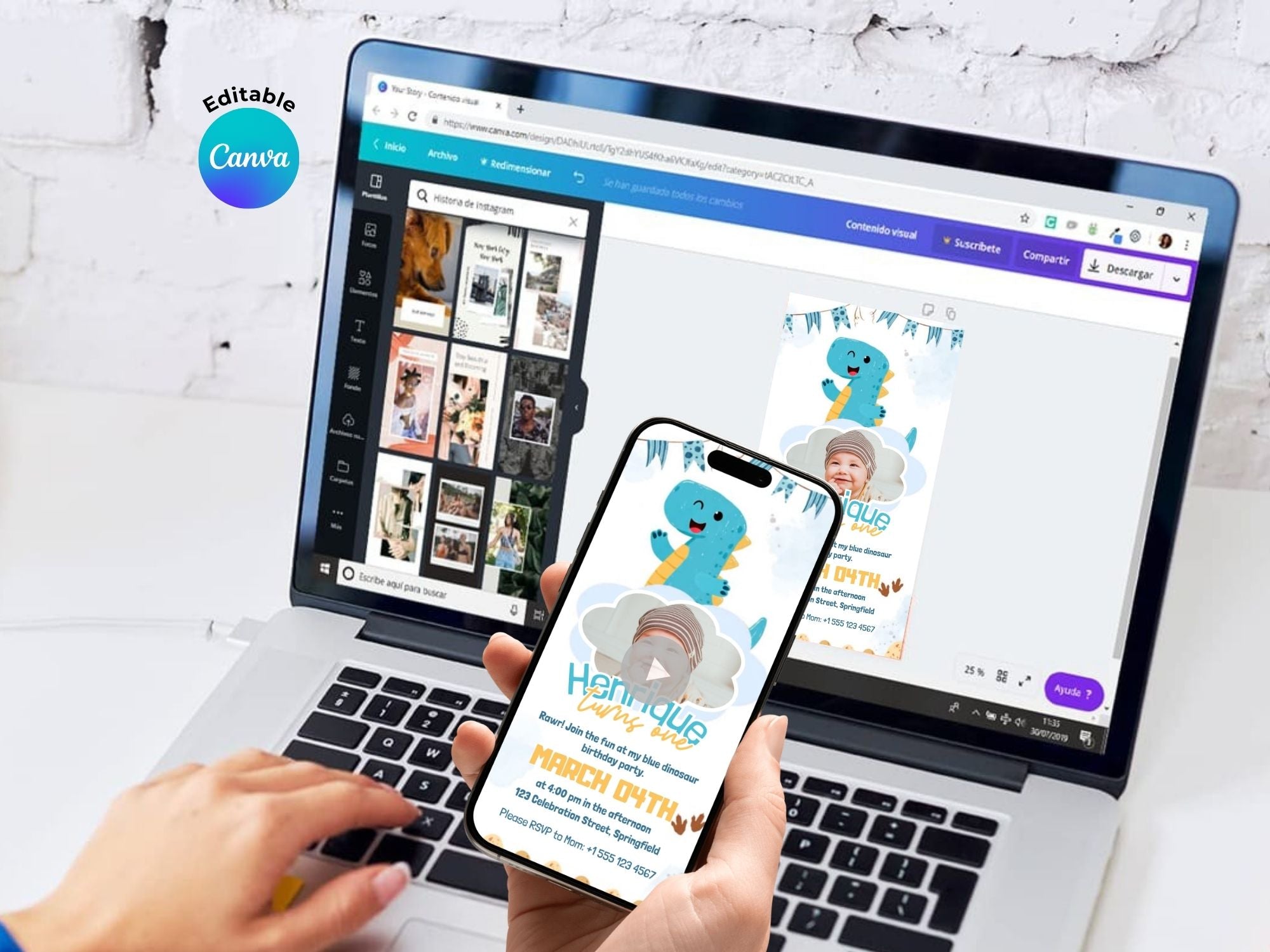 Cute Blue Dino Birthday Invitation – Editable Canva Template – Share video mp4 – Instant Download