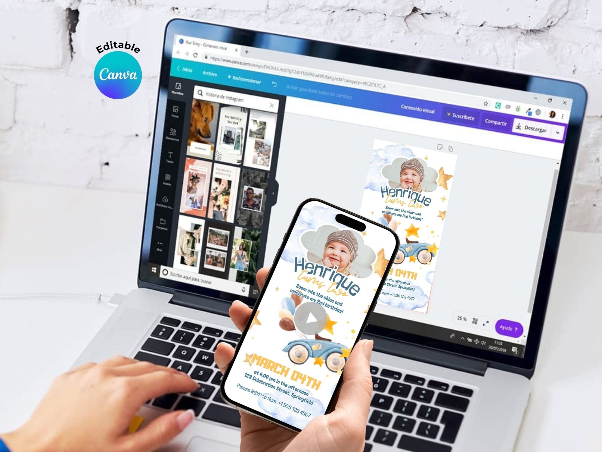 Flying Car Second Birthday Invitation – Editable Canva Template – Share video mp4 – Instant Download