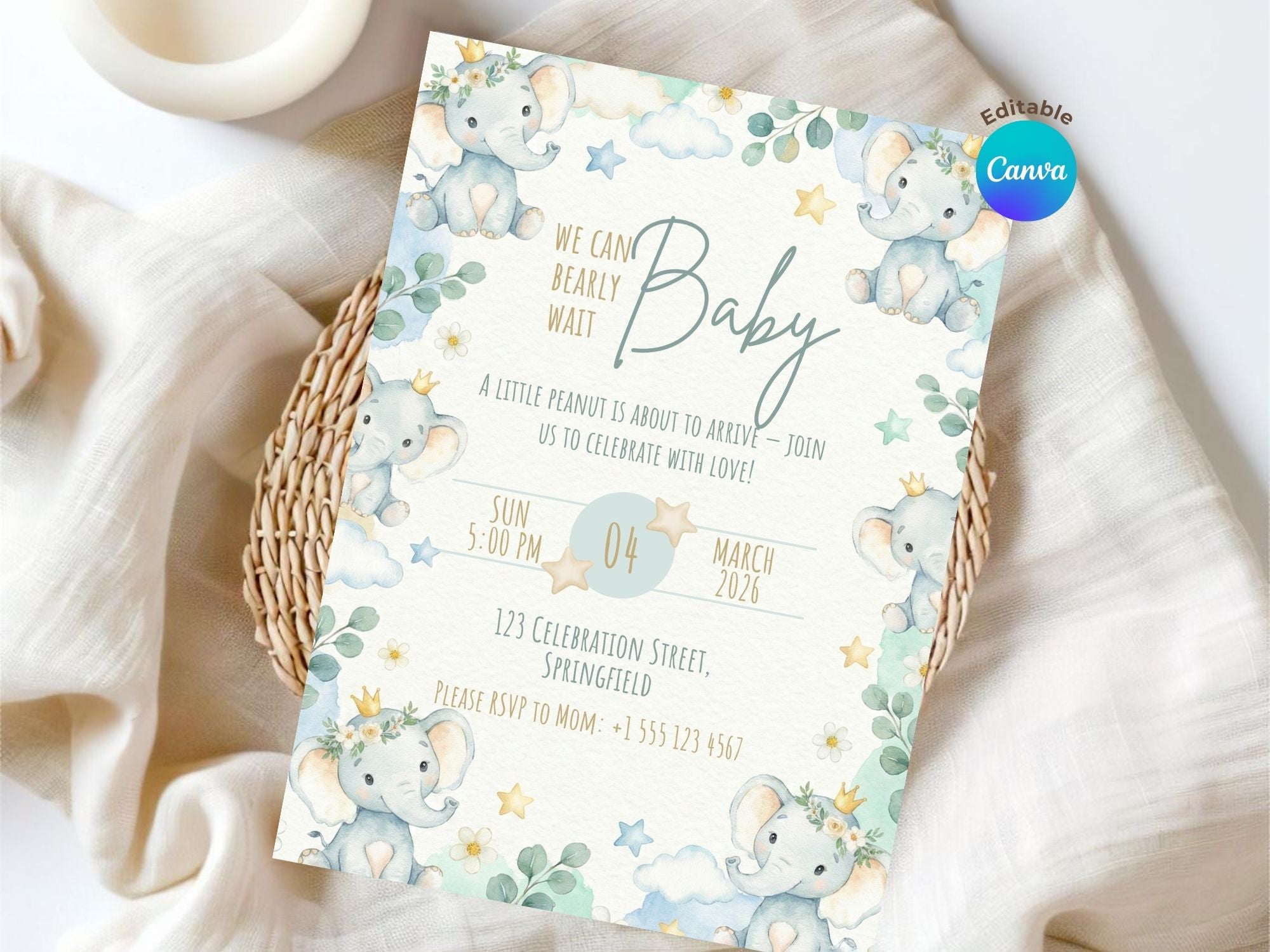 Baby Elephant Shower Invitation – Watercolor Plane Theme – Editable Canva Template – Share or Printable 5x7 – Instant Download