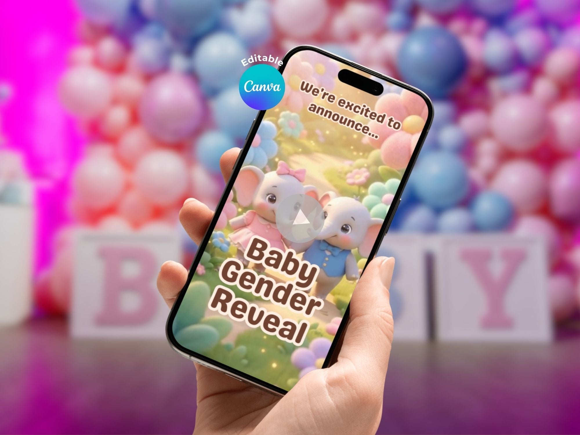 Elephant Cute Baby Gender Reveal Invitation – Editable Canva Template – Share video mp4 – Instant Download