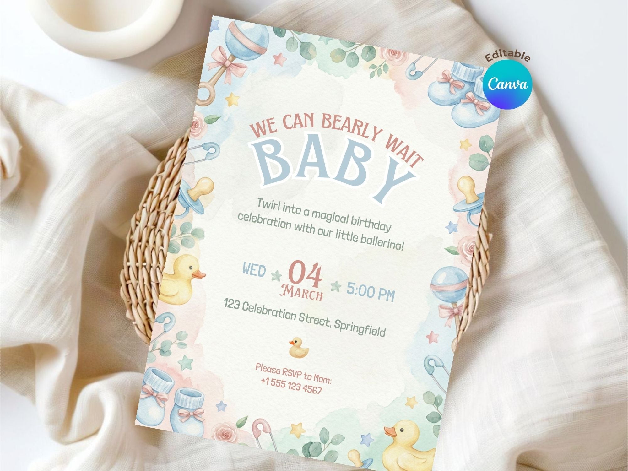 Duck Baby Shower Invitation – Watercolor Plane Theme – Editable Canva Template – Share or Printable 5x7 – Instant Download