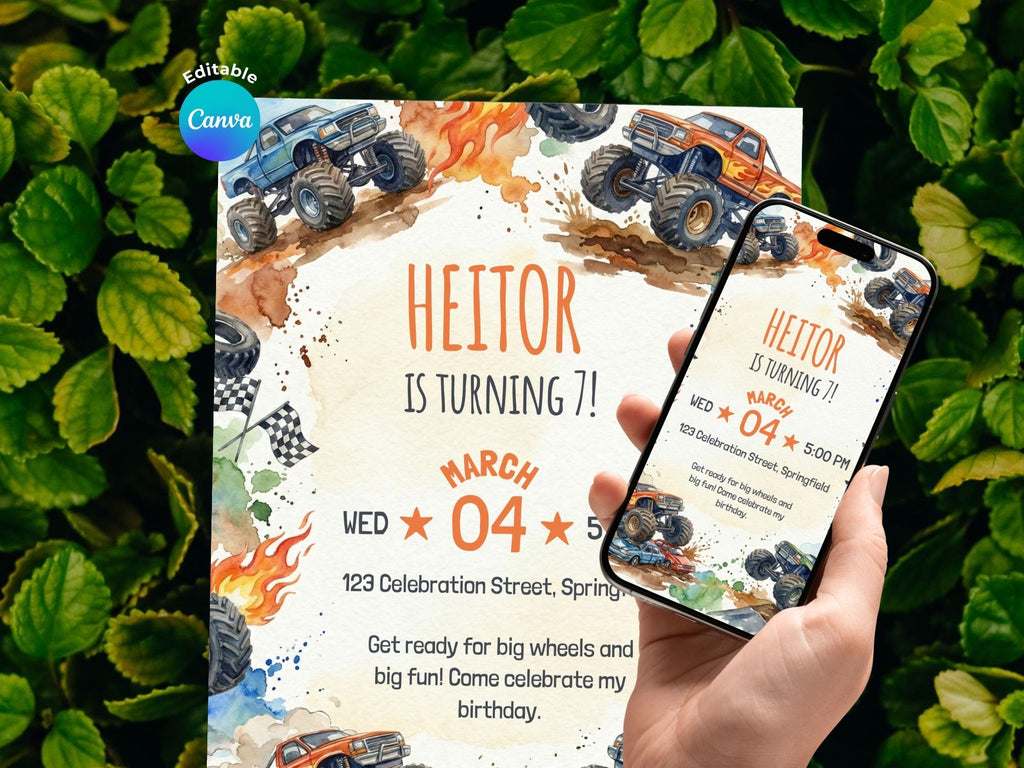 Monster Truck Birthday Invitation – Editable Canva Template – Share or Printable 5x7 – Instant Download