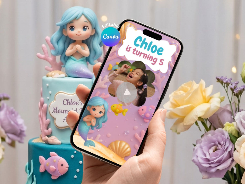 Blue Mermaid Birthday Video Invitation – Editable Canva Template – Share video mp4 – Instant Download