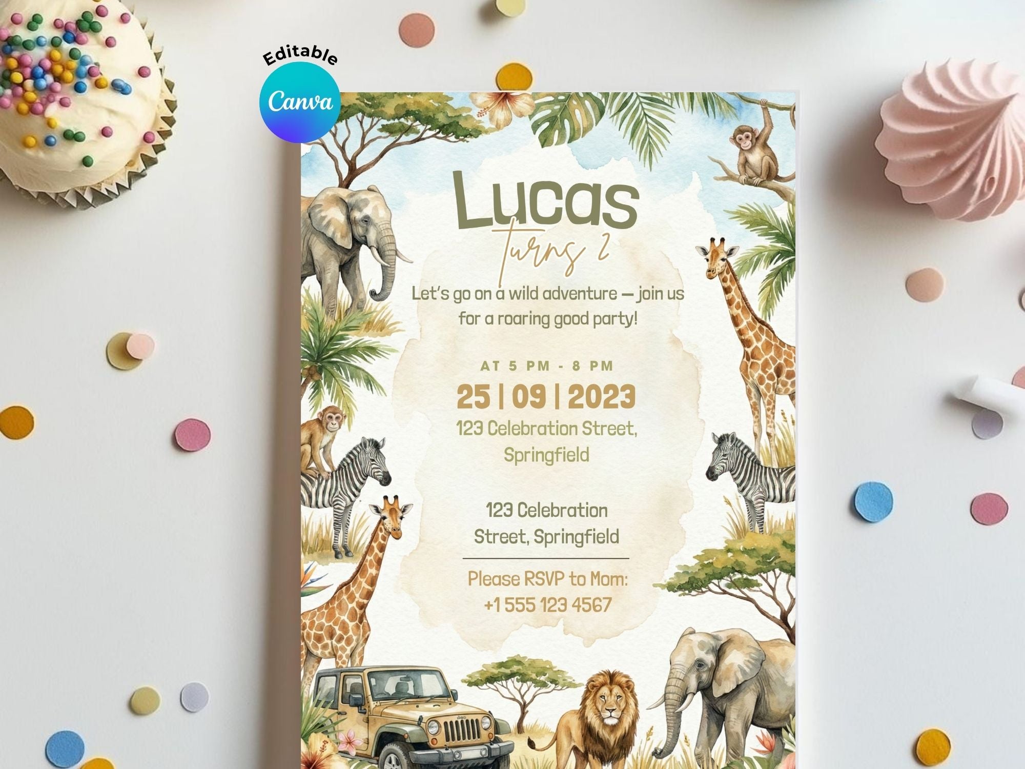 Safari Watercolor Birthday Invitation – Editable Canva Template – Share or Printable 5x7 – Instant Download