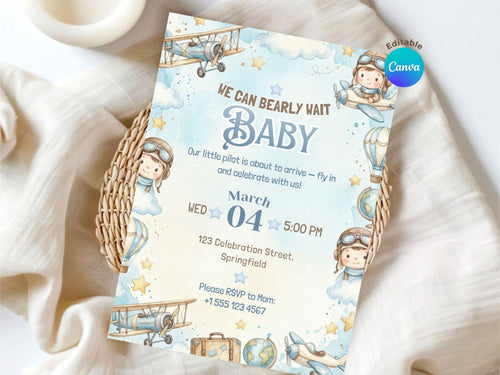 Aviator Baby Shower Invitation – Watercolor Plane Theme – Editable Canva Template – Share or Printable 5x7 – Instant Download