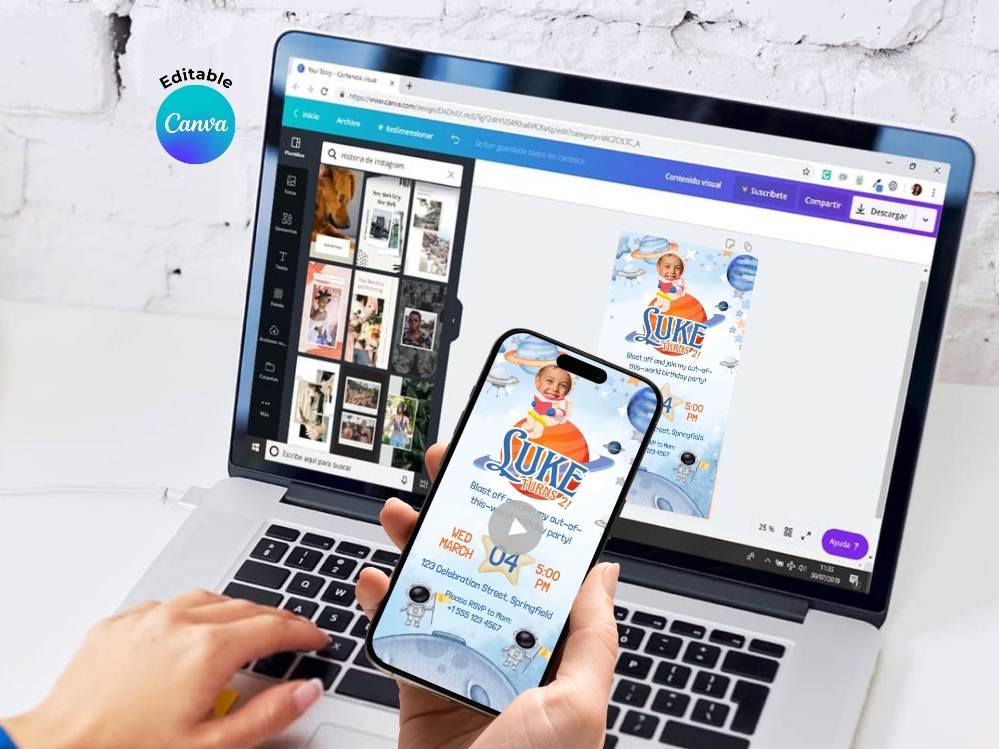 Astronaut Birthday Invitation – Editable Canva Template – Share video mp4 – Instant Download