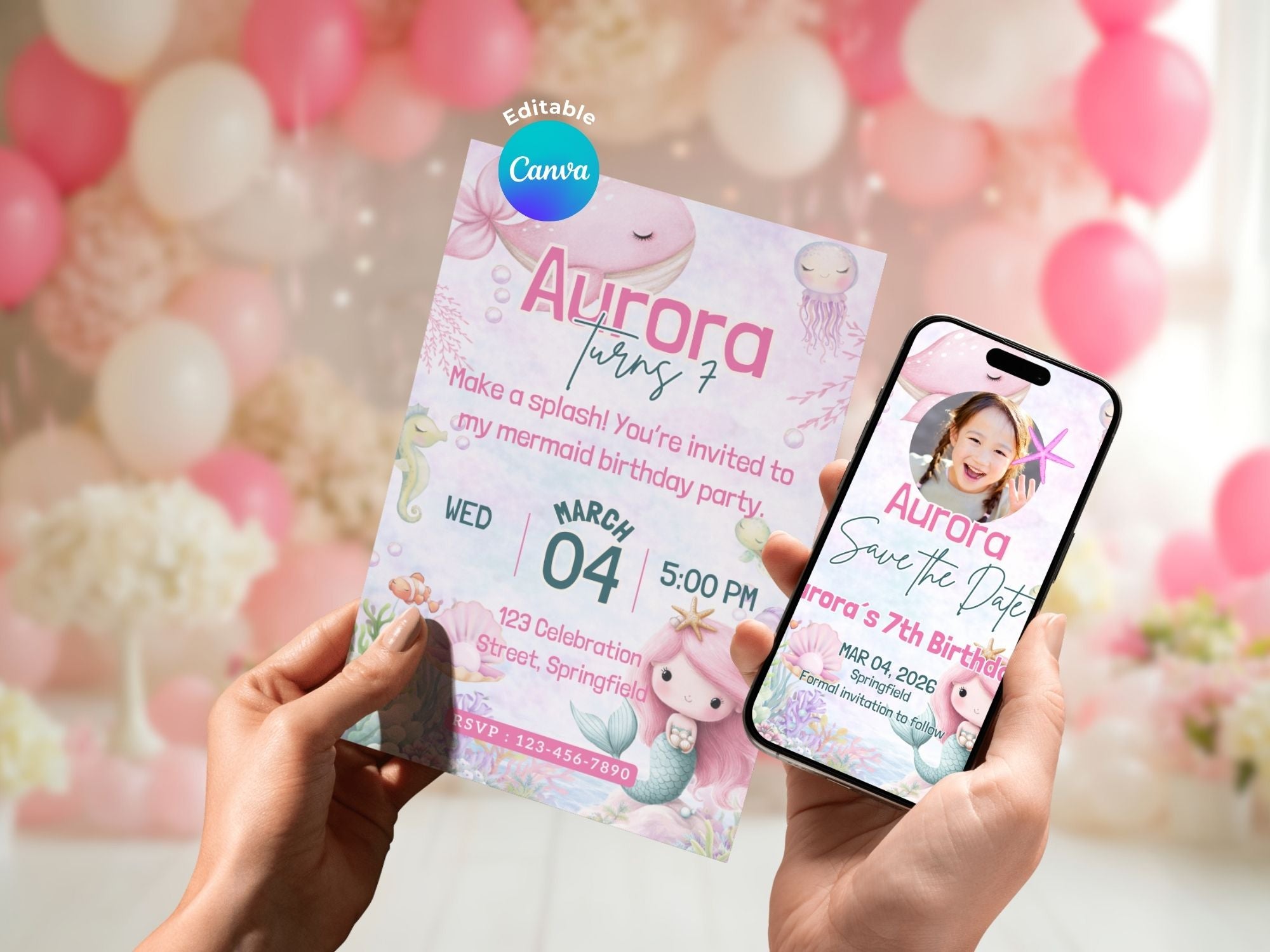 Pink Under The Sea Invitation FULL PARTY BUNDLE - Video Invite & Matching Printables