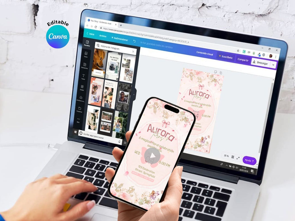 Enchanted Floral Birthday Invitation – Editable Canva Template – Share video mp4 – Instant Download