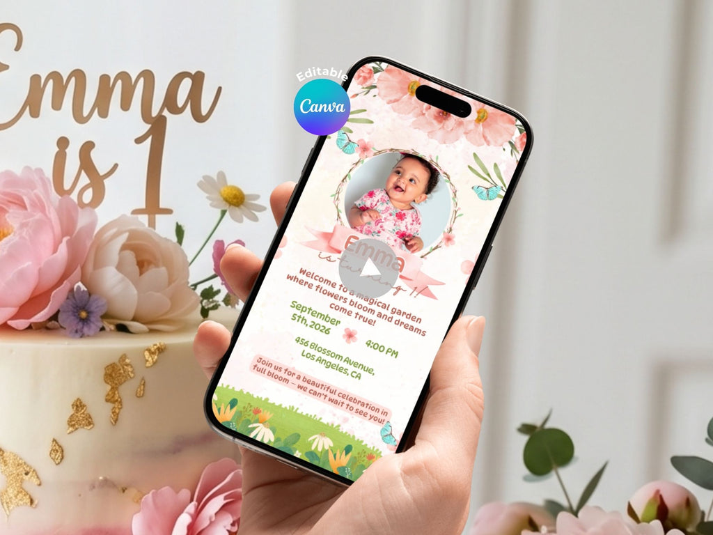 Garden Floral Birthday Video Invitation – Editable Canva Template – Share video mp4 – Instant Download