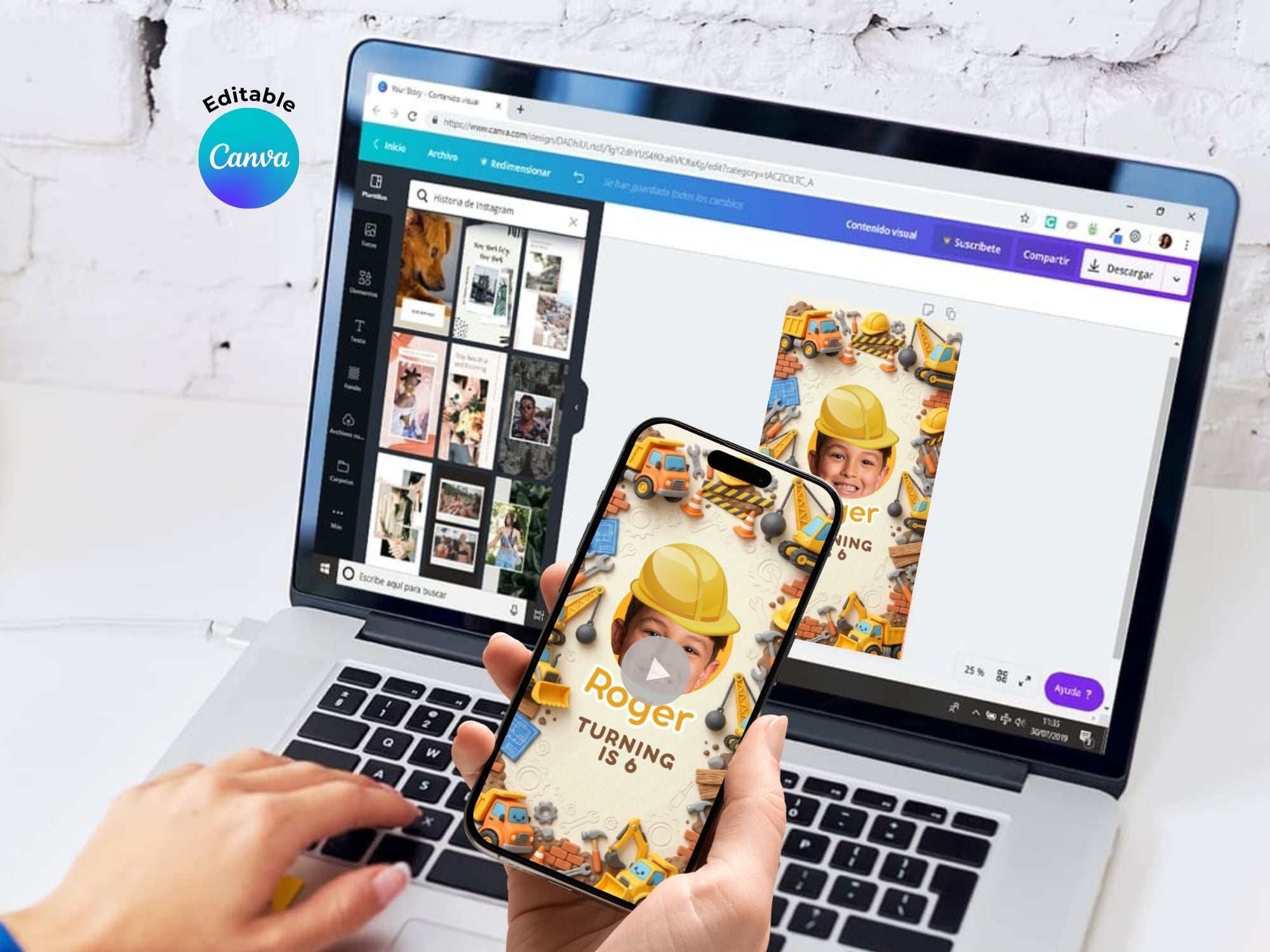 Construction Birthday Video Invitation – Editable Canva Template – Share video mp4 – Instant Download