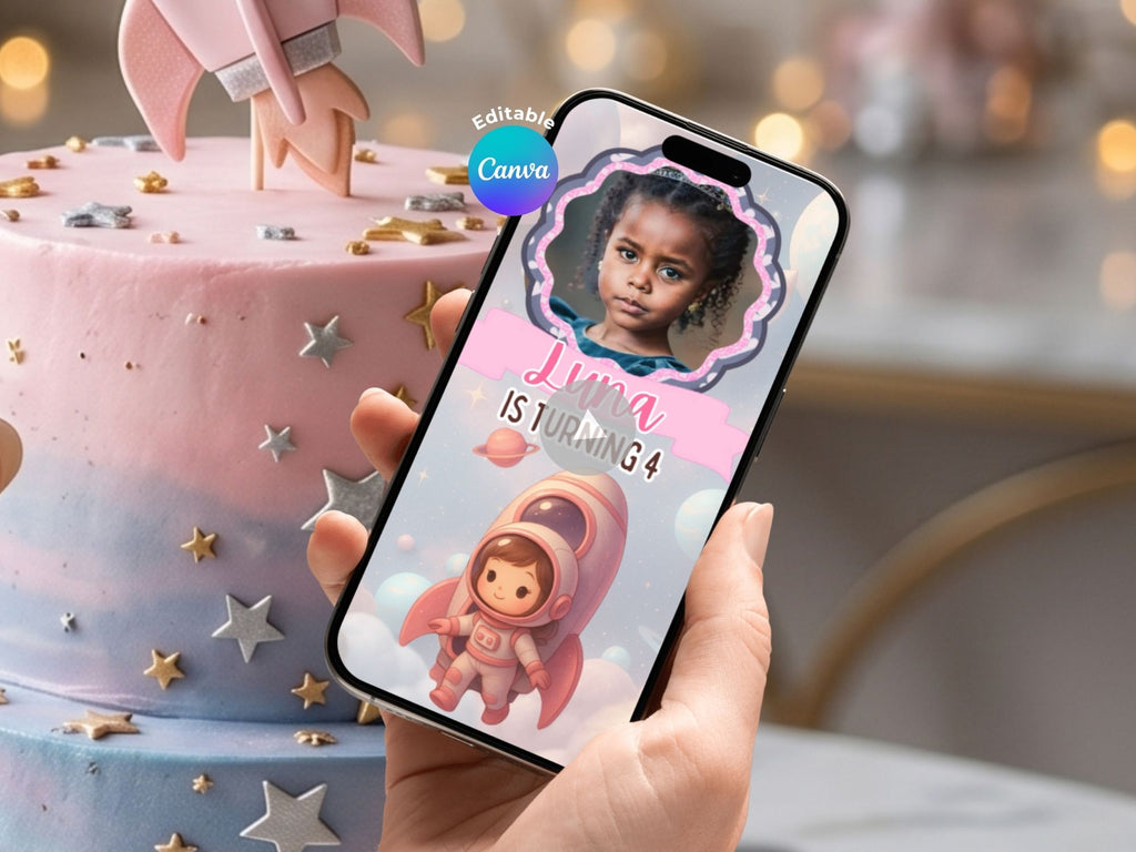 Girl Astronaut Space Birthday Video Invitation – Editable Canva Template – Share video mp4 – Instant Download