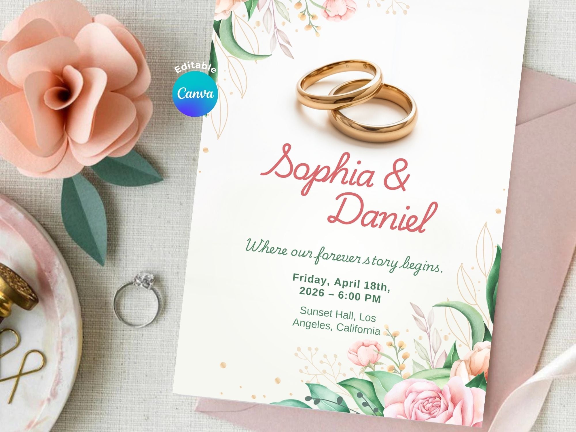 Blush Garden Wedding Invitation – Editable Canva Template – Share or Printable 5x7 – Instant Download