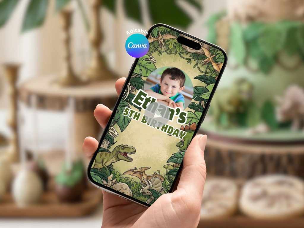 Jurassic Dinosaur Kids Birthday Video Invitation – Editable Canva Template – Share video mp4 – Instant Download