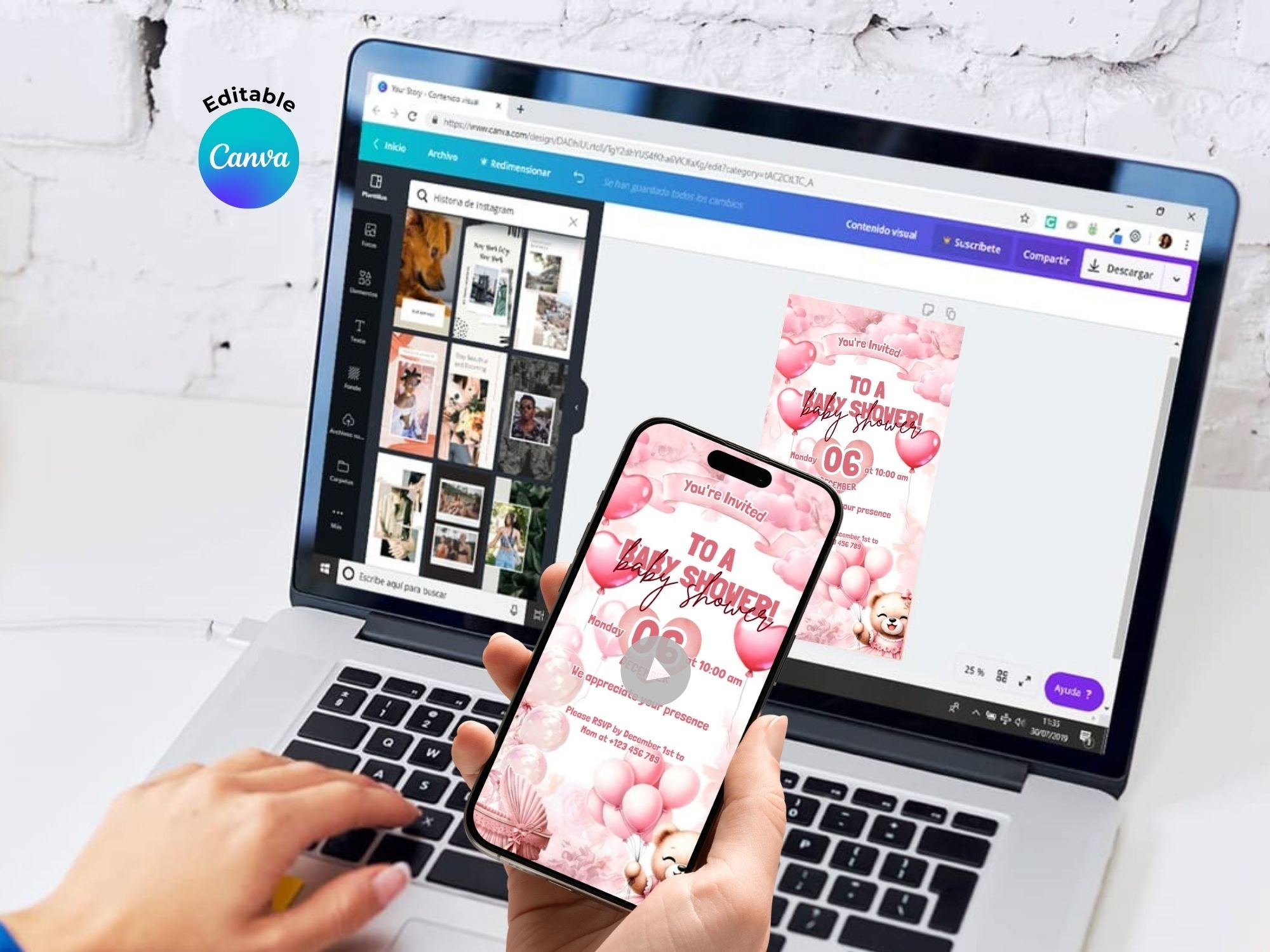 Pink Baby Bear Baby Shower – Editable Canva Template – Share video mp4 – Instant Download