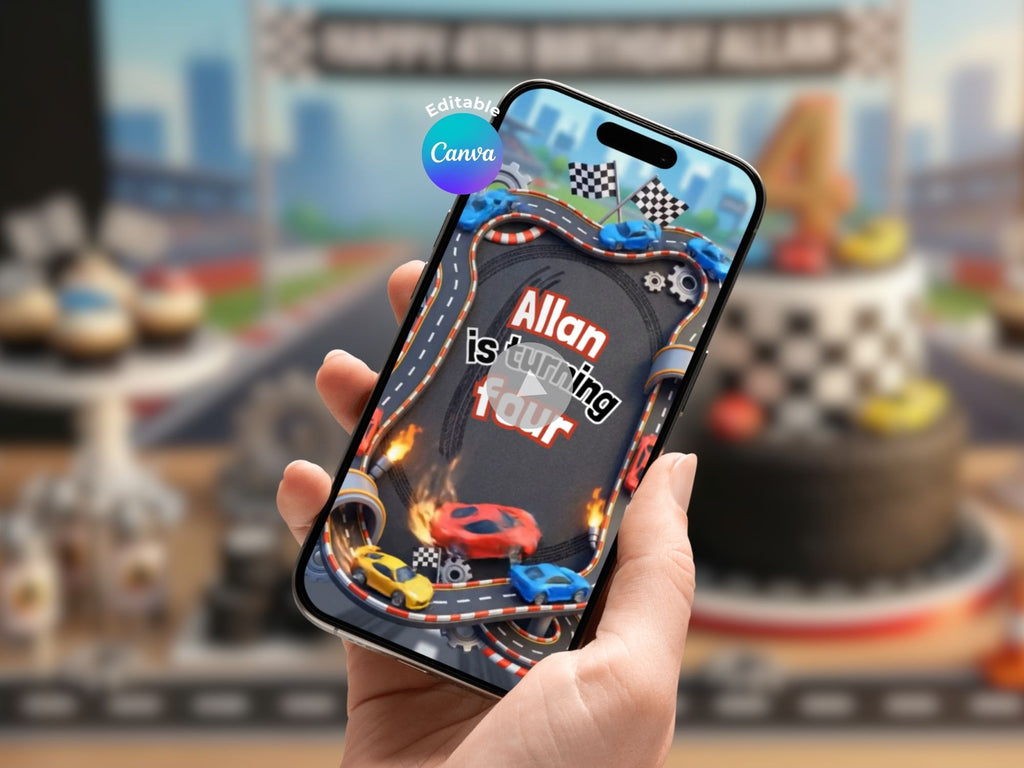 Animated Race Car Birthday Video Invitation – Editable Canva Template – Share video mp4 – Instant Download