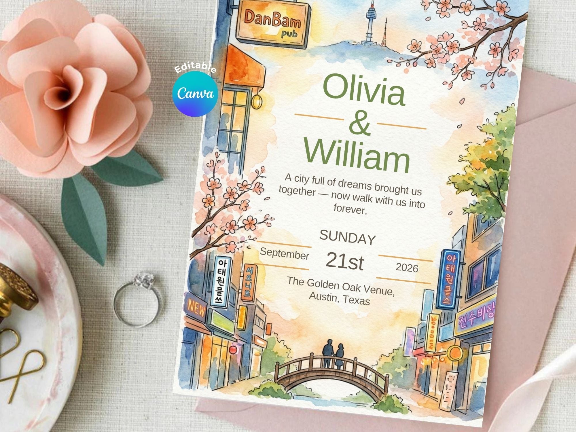 Urban K-Drama Wedding Invitation – Editable Canva Template – Share or Printable 5x7 – Instant Download