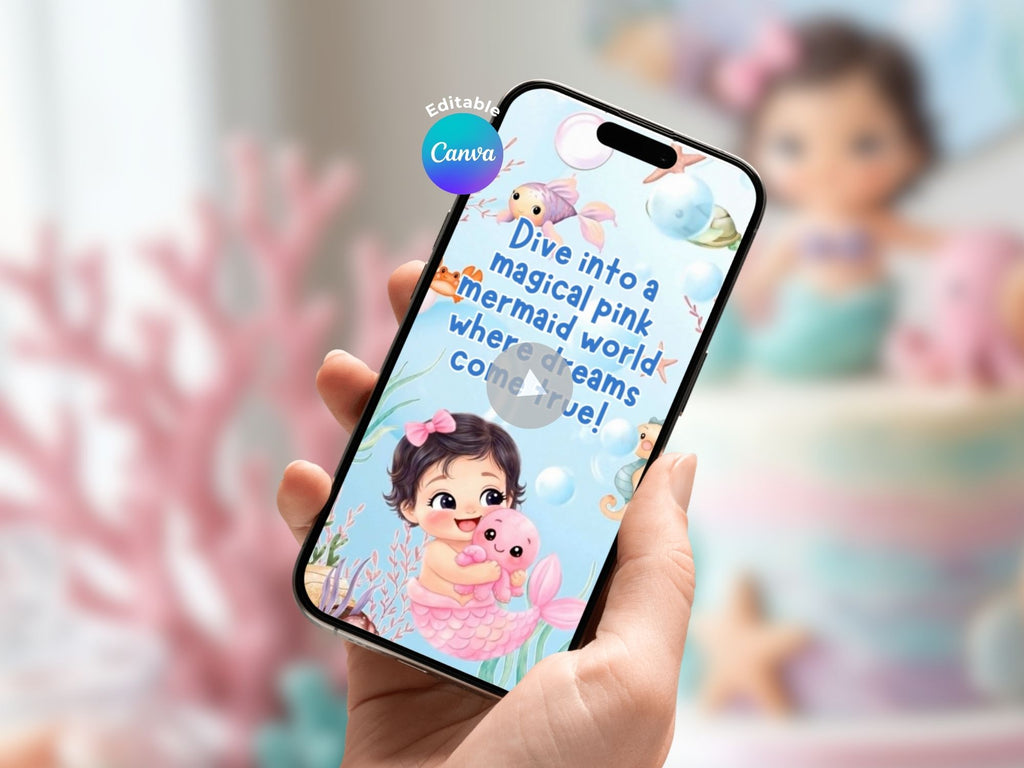 Mermaid Under the Sea Pink Birthday – Editable Canva Template – Share video mp4 – Instant Download