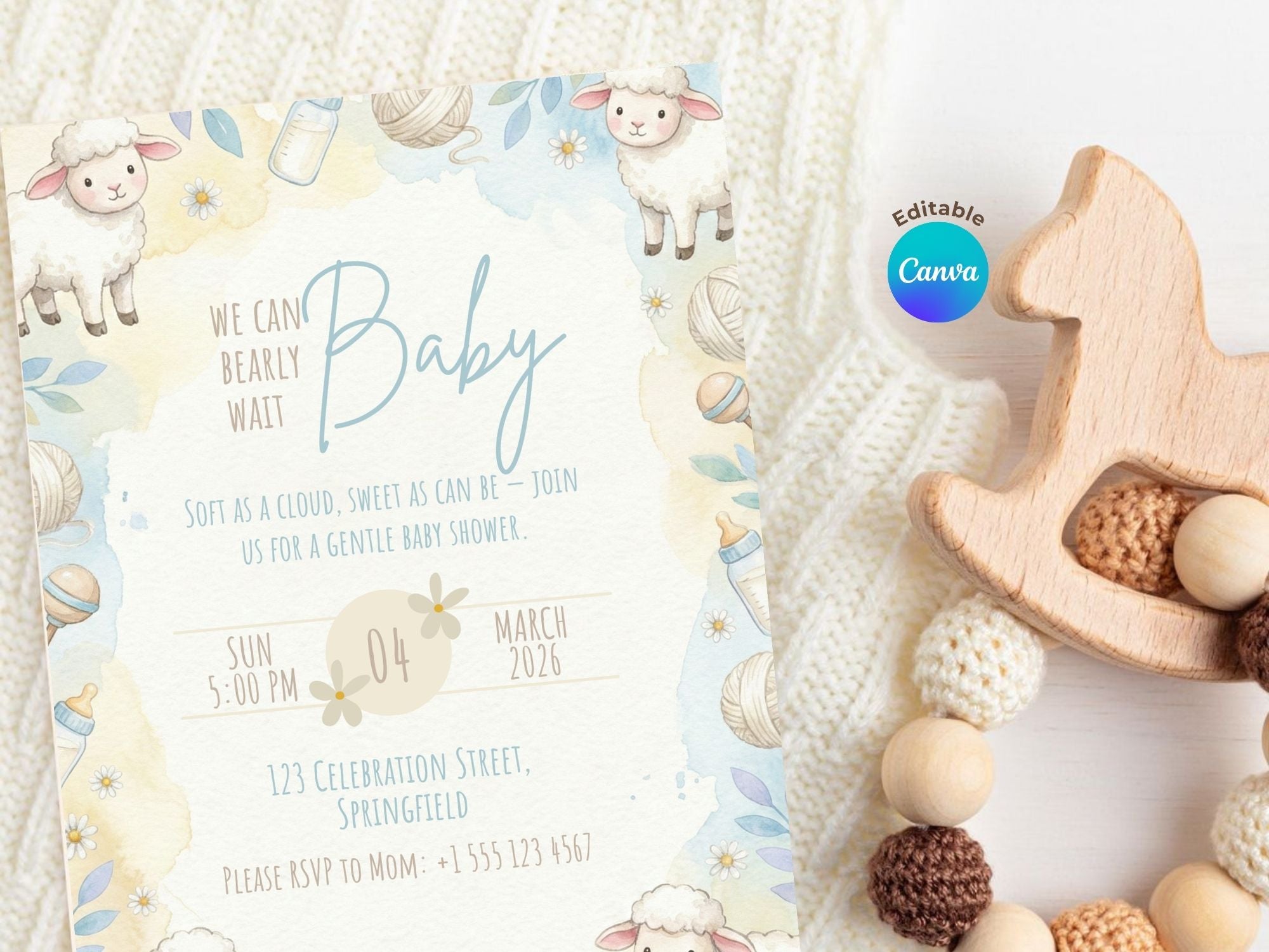 Sheep Baby Shower Invitation – Watercolor Plane Theme – Editable Canva Template – Share or Printable 5x7 – Instant Download