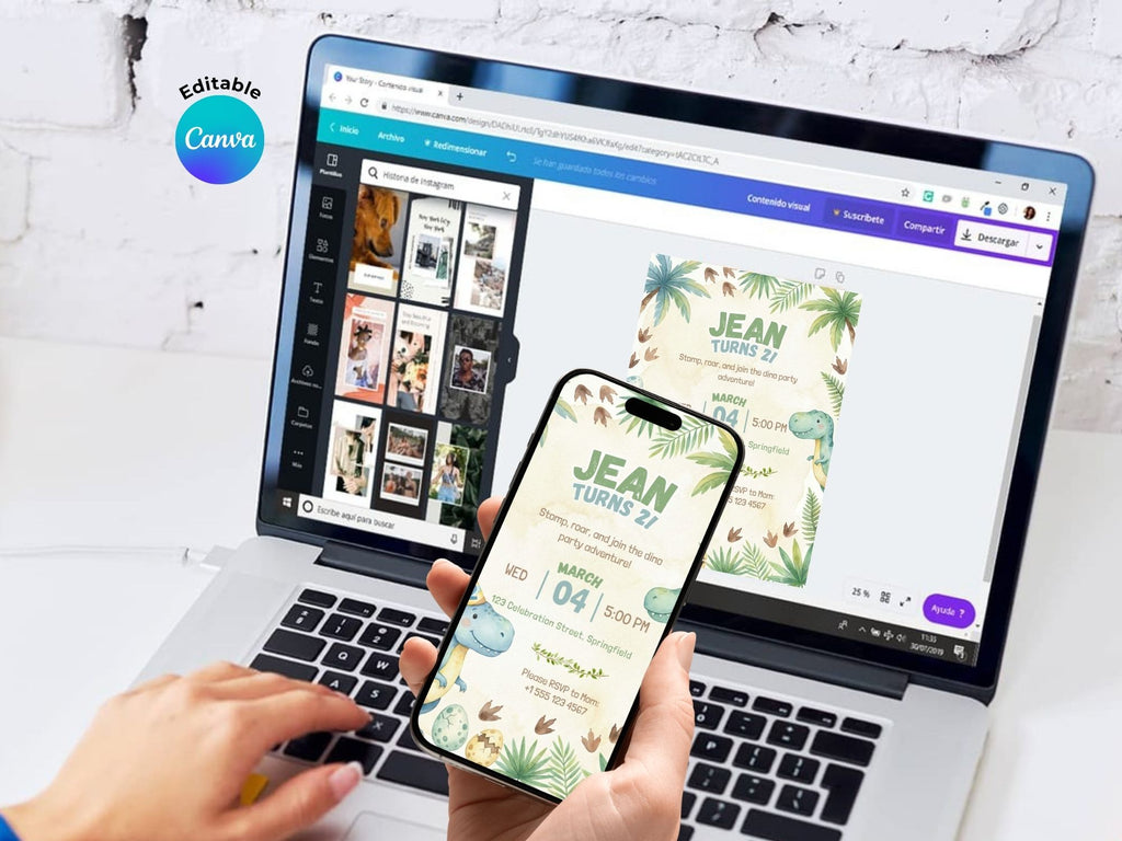 Dinosaur Watercolor Invitation – Editable Canva Template – Share or Printable 5x7 – Instant Download