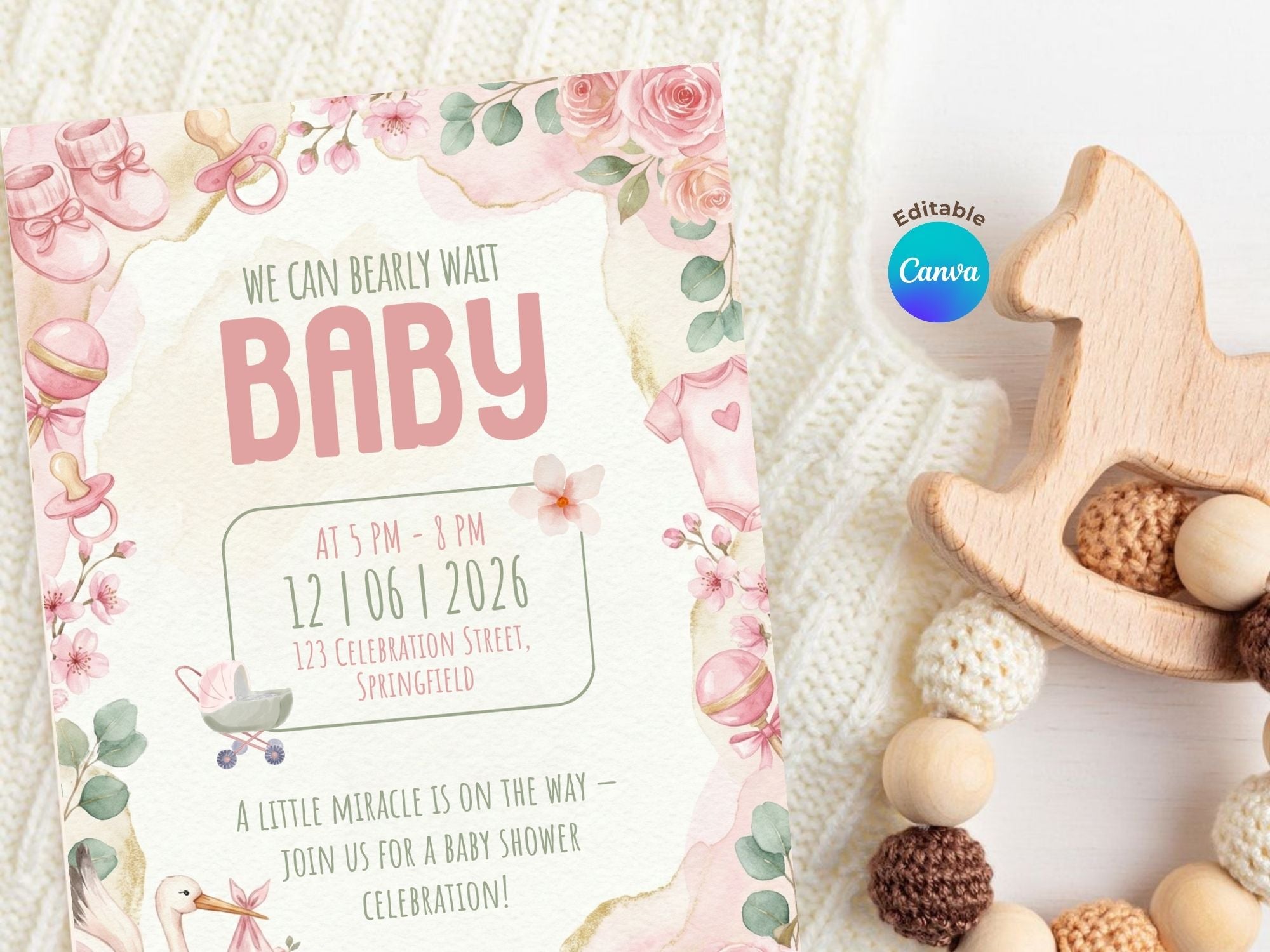 Watercolor Stork Baby Shower Invitation – Watercolor Plane Theme – Editable Canva Template – Share or Printable 5x7 – Instant Download