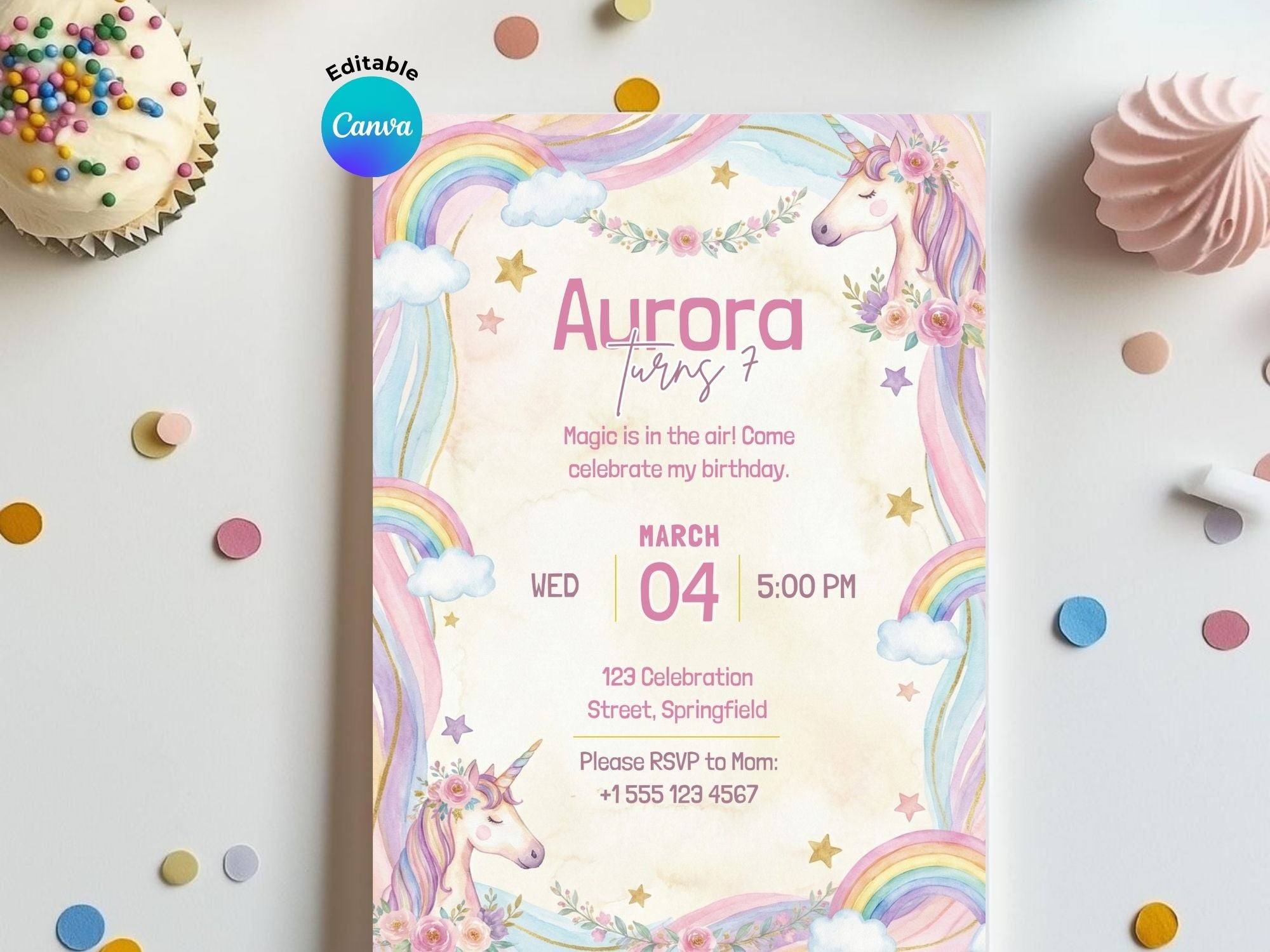 Unicorn Birthday Invitation – Editable Canva Template – Share or Printable 5x7 – Instant Download