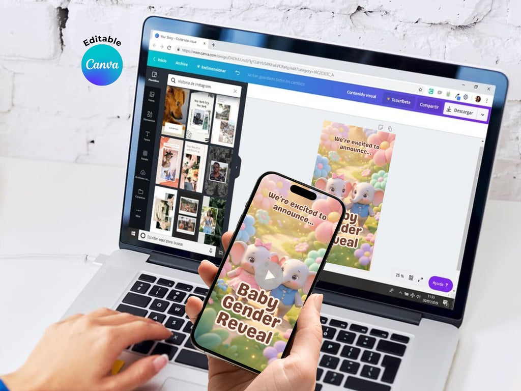 Elephant Cute Baby Gender Reveal Invitation – Editable Canva Template – Share video mp4 – Instant Download