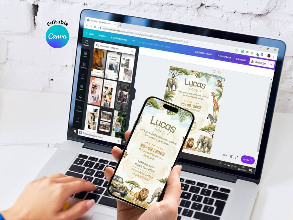 Safari Watercolor Birthday Invitation – Editable Canva Template – Share or Printable 5x7 – Instant Download