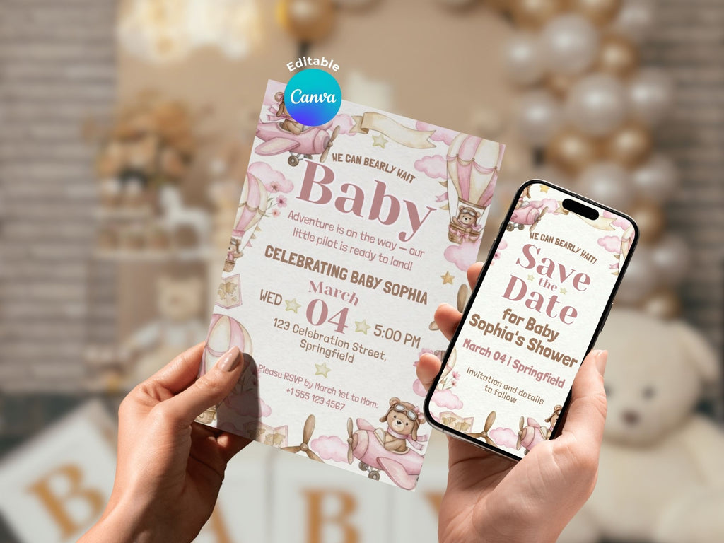 Baby Girl Watercolor Aviator Baby Shower FULL PARTY BUNDLE - Video Invite & Matching Printables