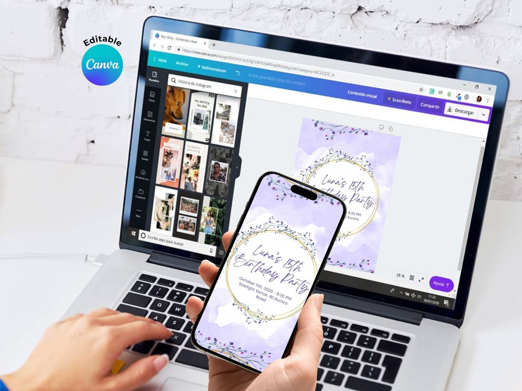 Pastel flower 15th invite – Watercolor Plane Theme – Editable Canva Template – Share or Printable 5x7 – Instant Download