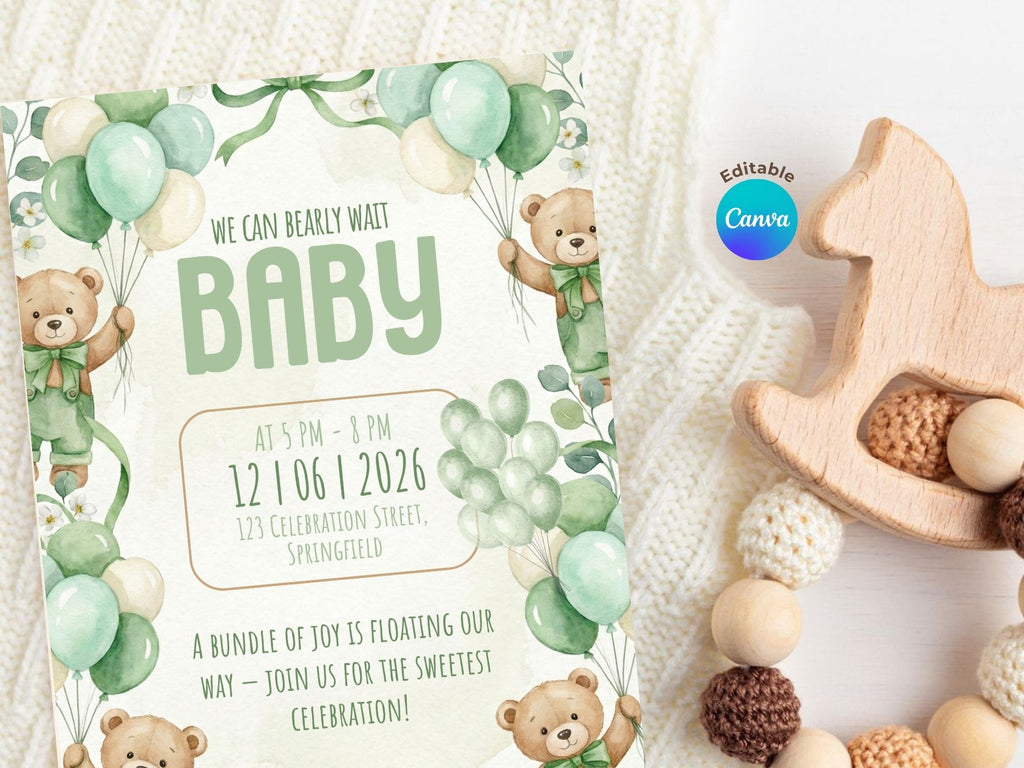Green Balloon Bear Baby Shower Invitation – Watercolor Plane Theme – Editable Canva Template – Share or Printable 5x7 – Instant Download